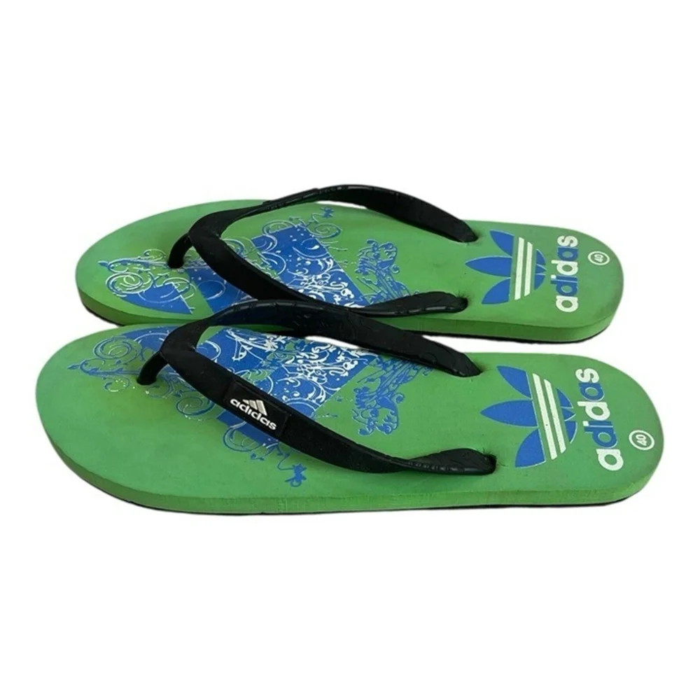 Adidas Green Blue Pattern Flip Flops Sandals EU 40/US 9 Slippers NWOT